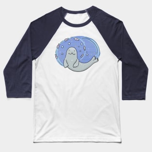 Cute happy seal and fish blue cartoon illustration Baseball T-Shirt